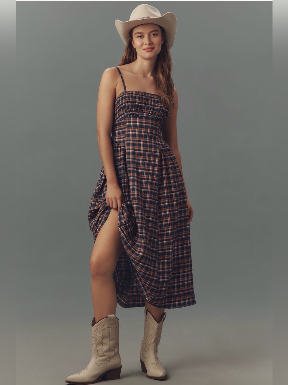 NWT Anthropologie Pilcro Sleeveless Smocked Blue Plaid Midi Dress Size Medium
